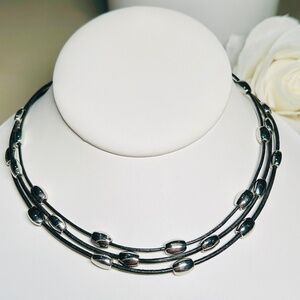Nine West Silver Tone Beads, Triple Layered Black Cord Necklace 16”-18”.